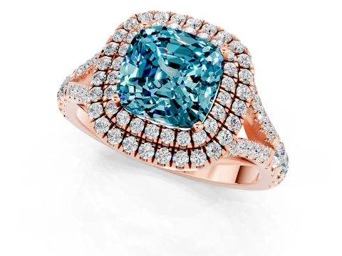 Rose gold Cushion Cut Blue Topaz Double Halo Ring with Split Shank and Prong Setting_13