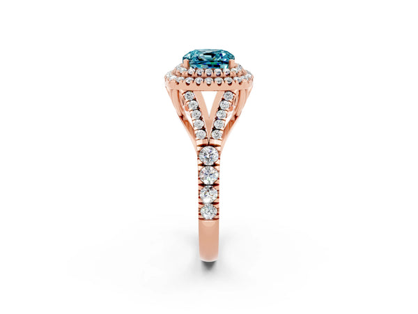 Rose gold Cushion Cut Blue Topaz Double Halo Ring with Split Shank and Prong Setting