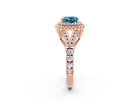 Rose gold Cushion Cut Blue Topaz Double Halo Ring with Split Shank and Prong Setting_14