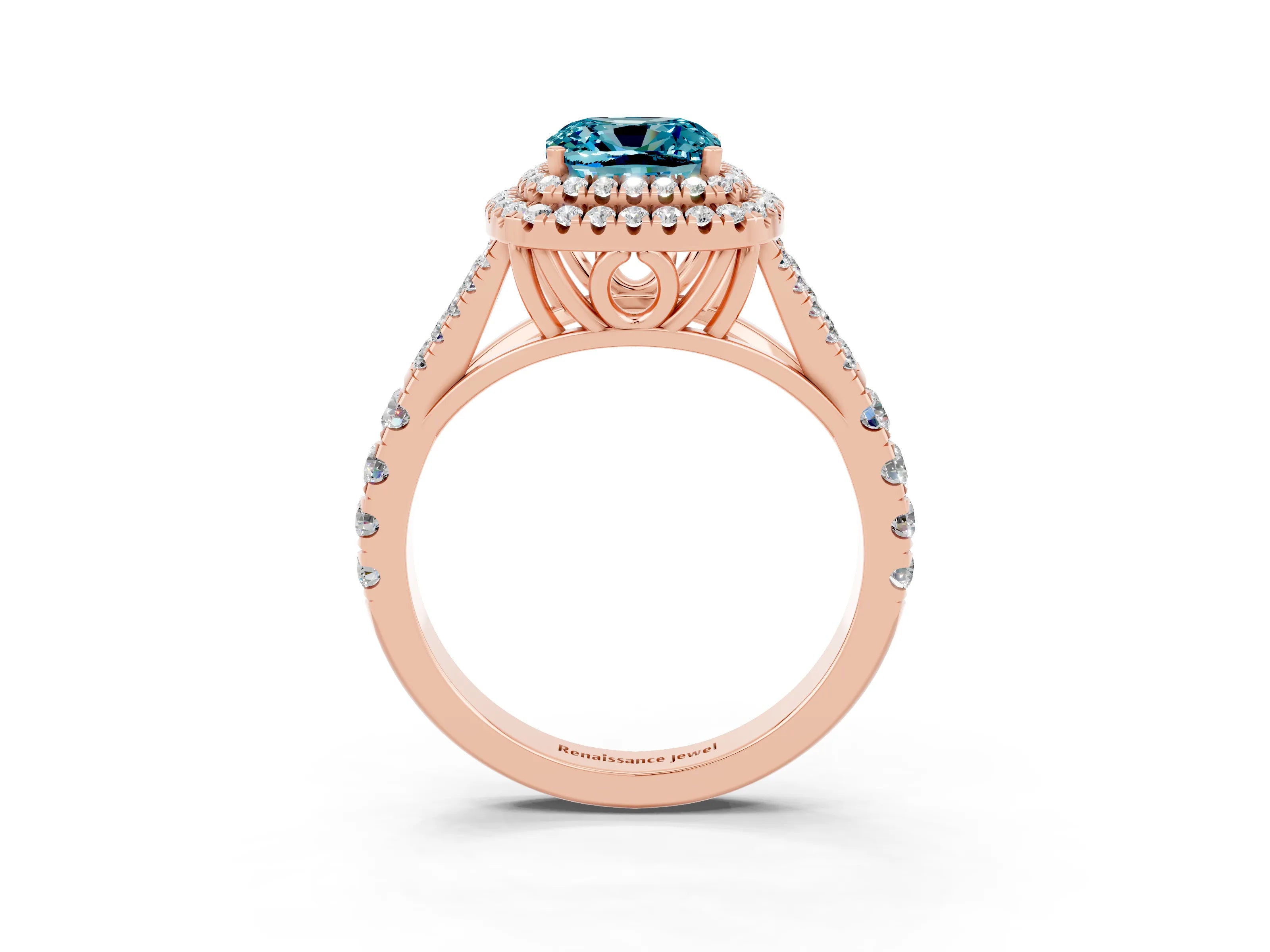 Rose gold Cushion Cut Blue Topaz Double Halo Ring with Split Shank and Prong Setting_15