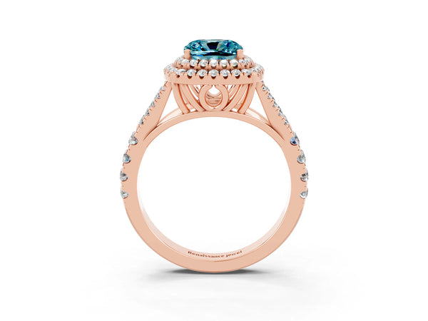 Rose gold Cushion Cut Blue Topaz Double Halo Ring with Split Shank and Prong Setting