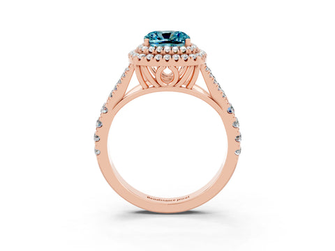 Rose gold Cushion Cut Blue Topaz Double Halo Ring with Split Shank and Prong Setting_15