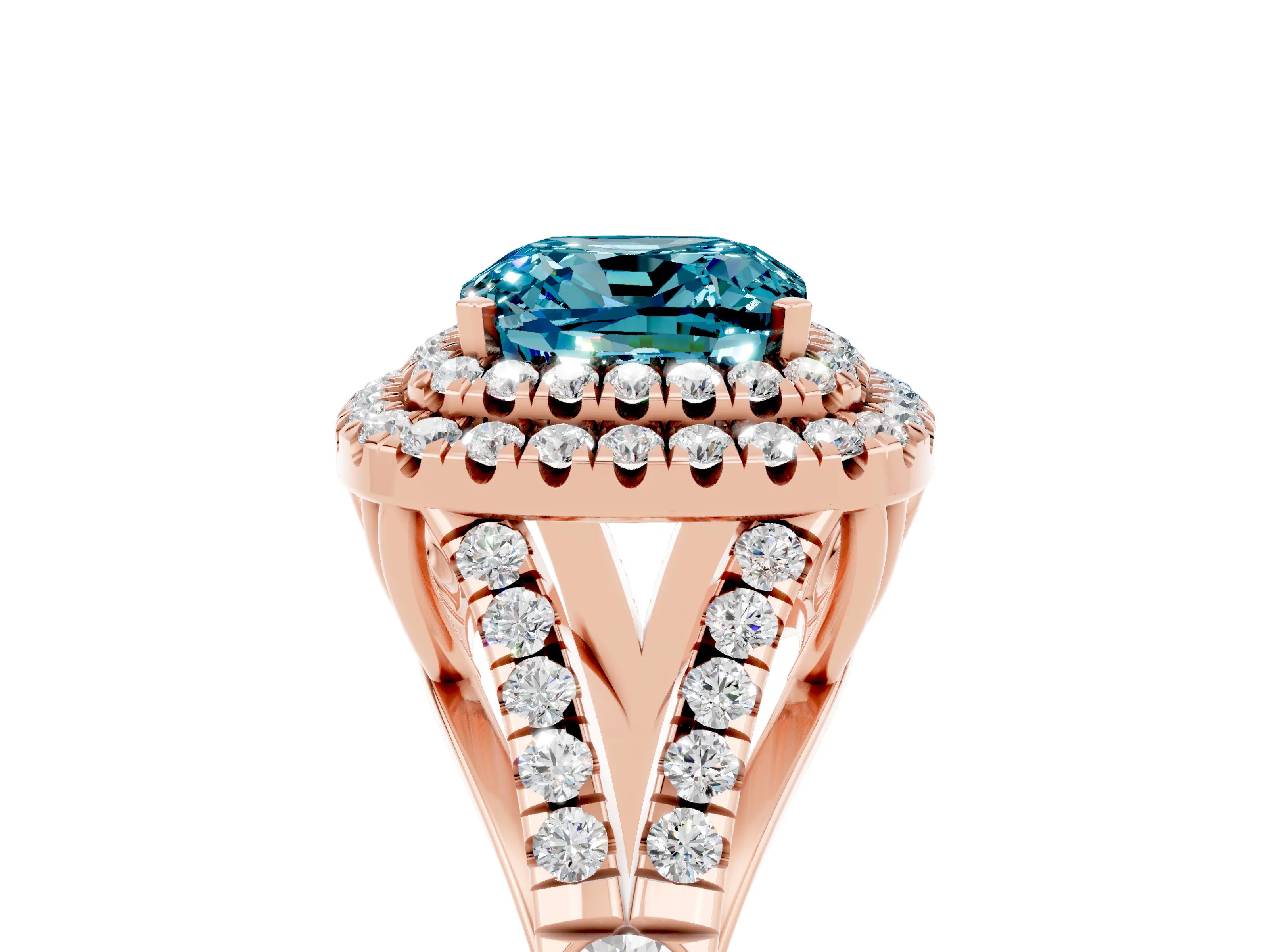 Rose gold Cushion Cut Blue Topaz Double Halo Ring with Split Shank and Prong Setting_17