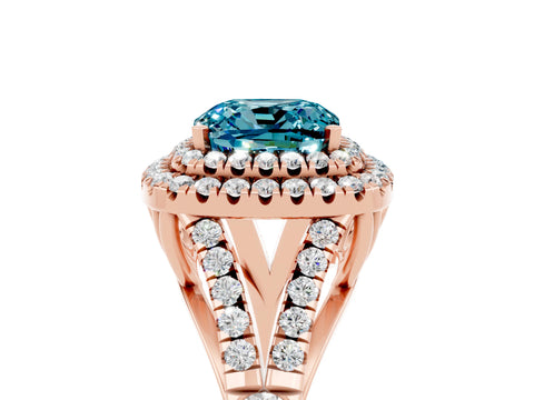 Rose gold Cushion Cut Blue Topaz Double Halo Ring with Split Shank and Prong Setting_17