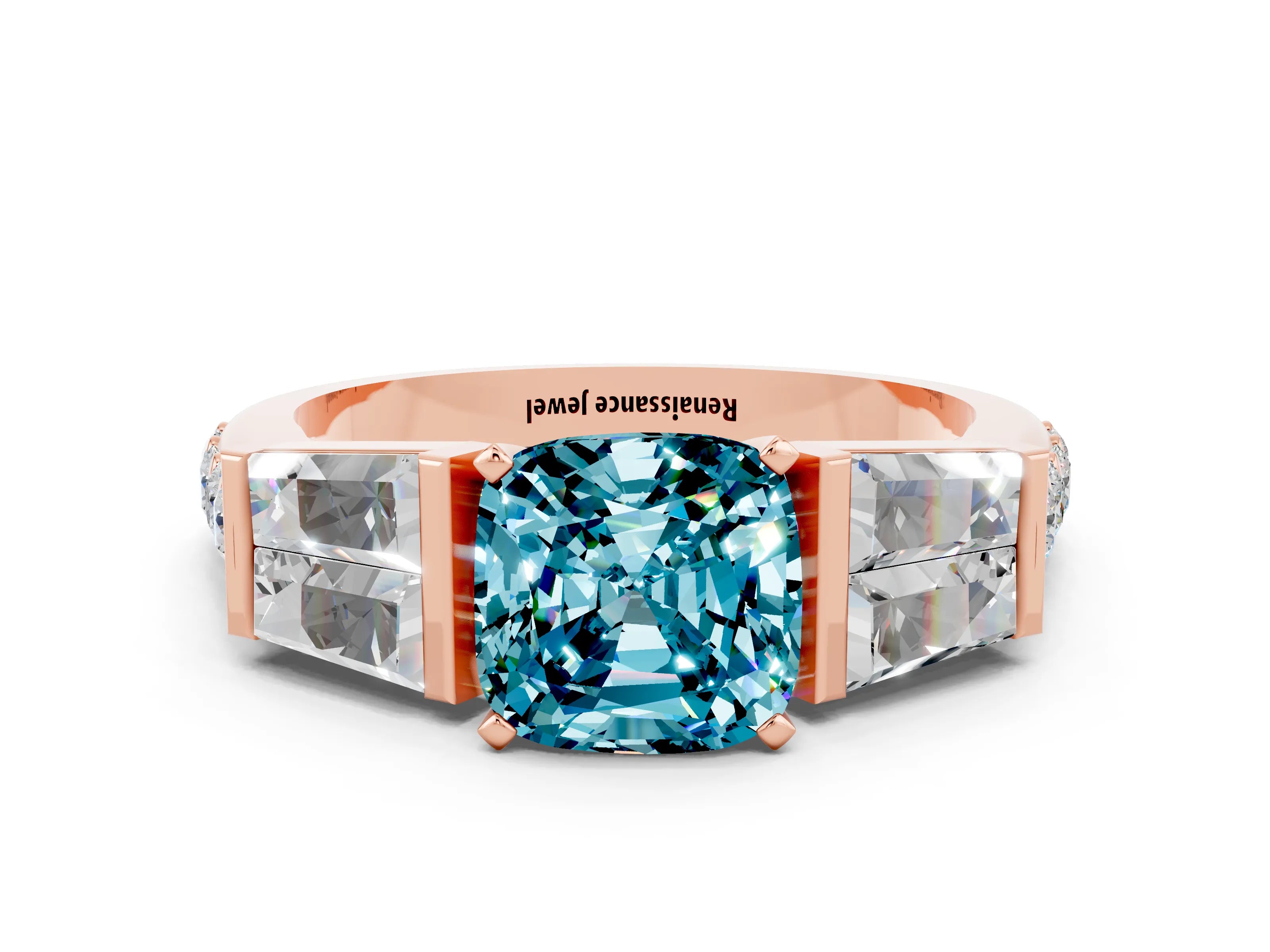 Rose gold Cushion Cut Blue Topaz Engagement Ring with Baguette Side Stones and Channel Set Band