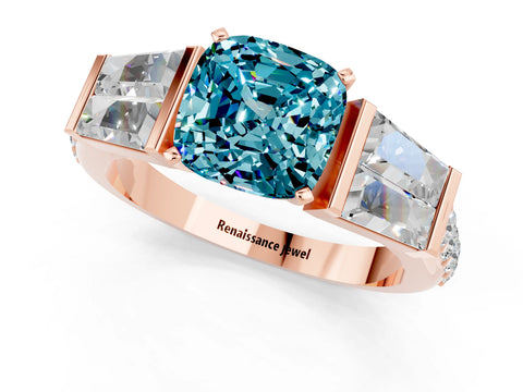Rose gold Cushion Cut Blue Topaz Engagement Ring with Baguette Side Stones and Channel Set Band_1