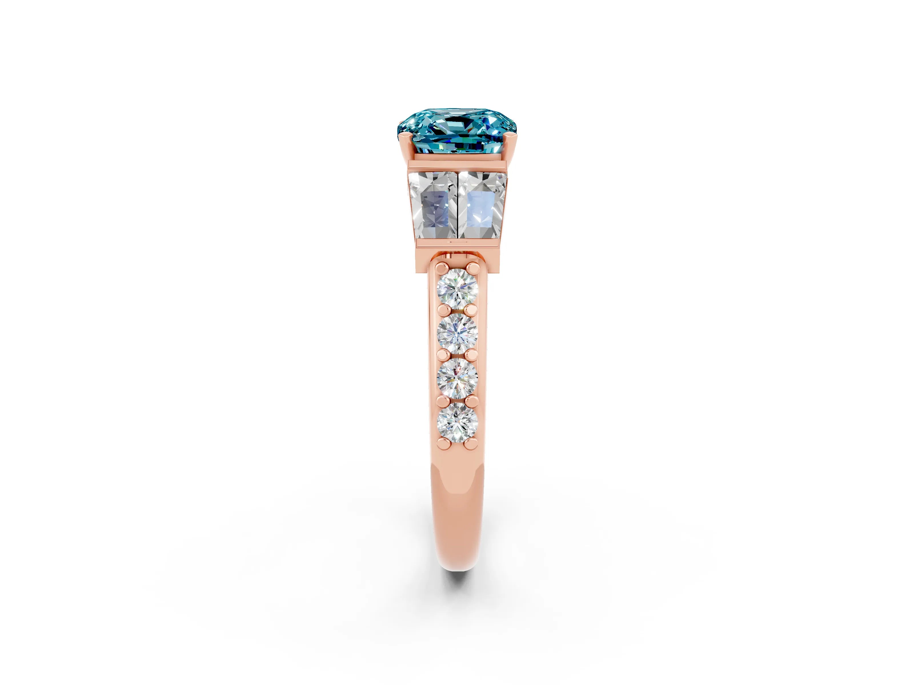Rose gold Cushion Cut Blue Topaz Engagement Ring with Baguette Side Stones and Channel Set Band_2