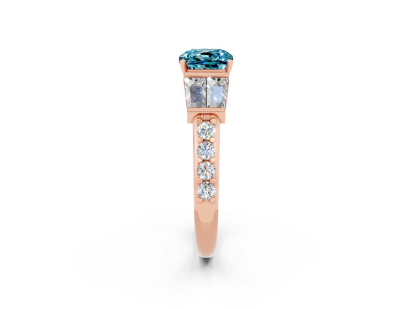 Rose gold Cushion Cut Blue Topaz Engagement Ring with Baguette Side Stones and Channel Set Band