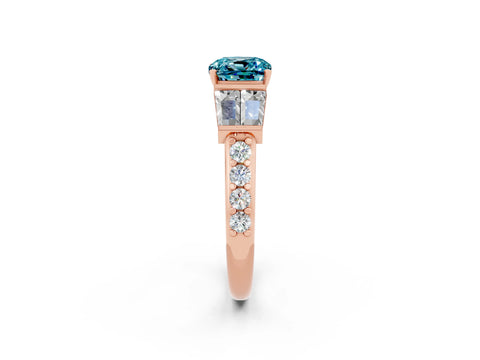 Rose gold Cushion Cut Blue Topaz Engagement Ring with Baguette Side Stones and Channel Set Band_2