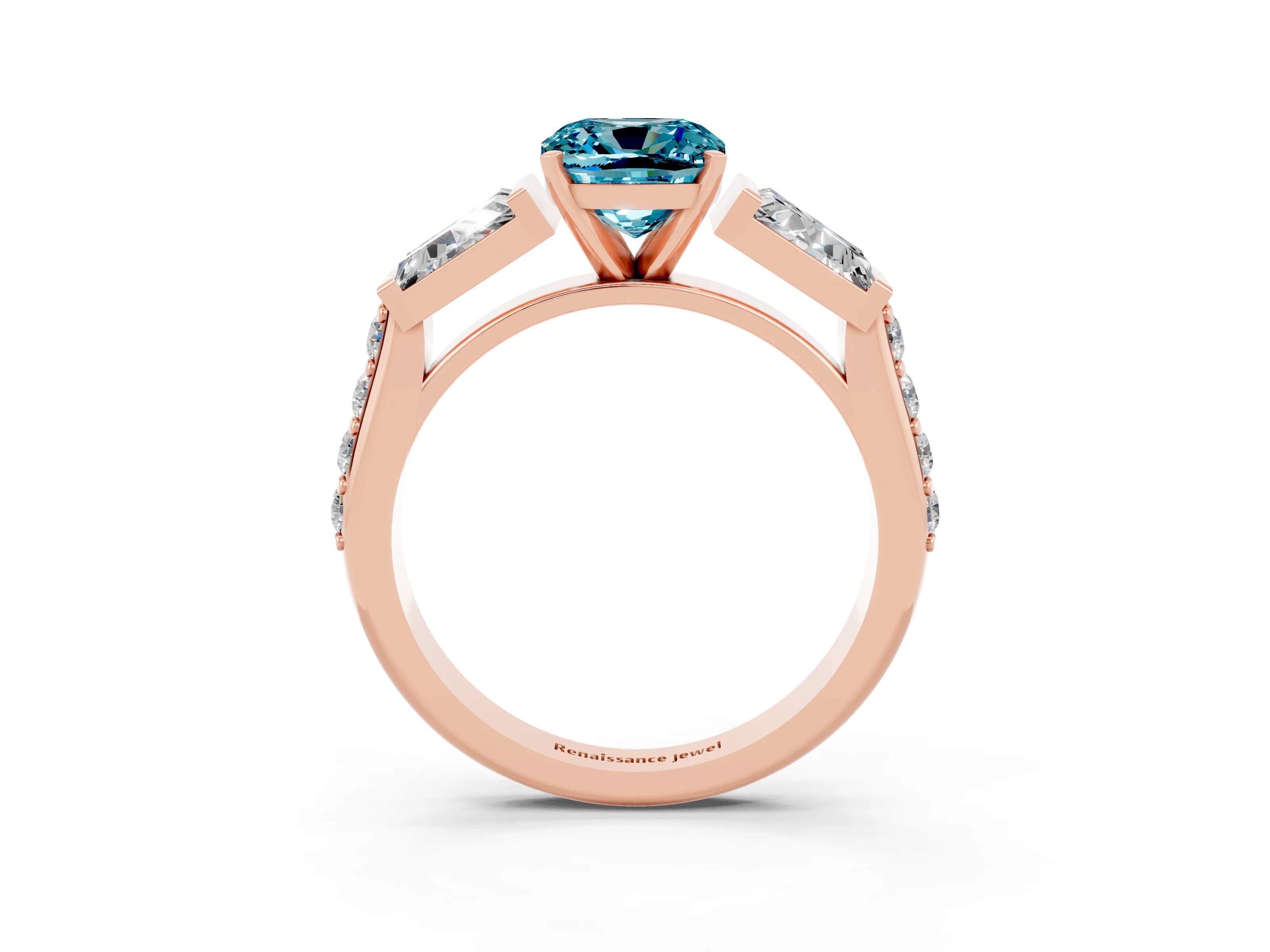 Rose gold Cushion Cut Blue Topaz Engagement Ring with Baguette Side Stones and Channel Set Band_3