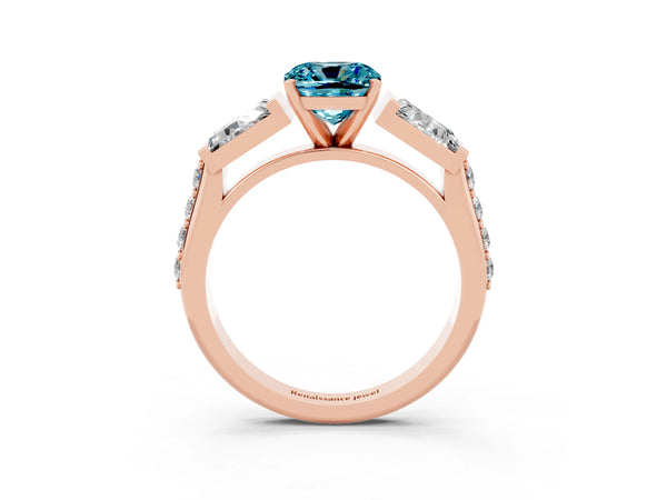 Rose gold Cushion Cut Blue Topaz Engagement Ring with Baguette Side Stones and Channel Set Band