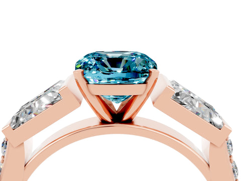 Rose gold Cushion Cut Blue Topaz Engagement Ring with Baguette Side Stones and Channel Set Band_4