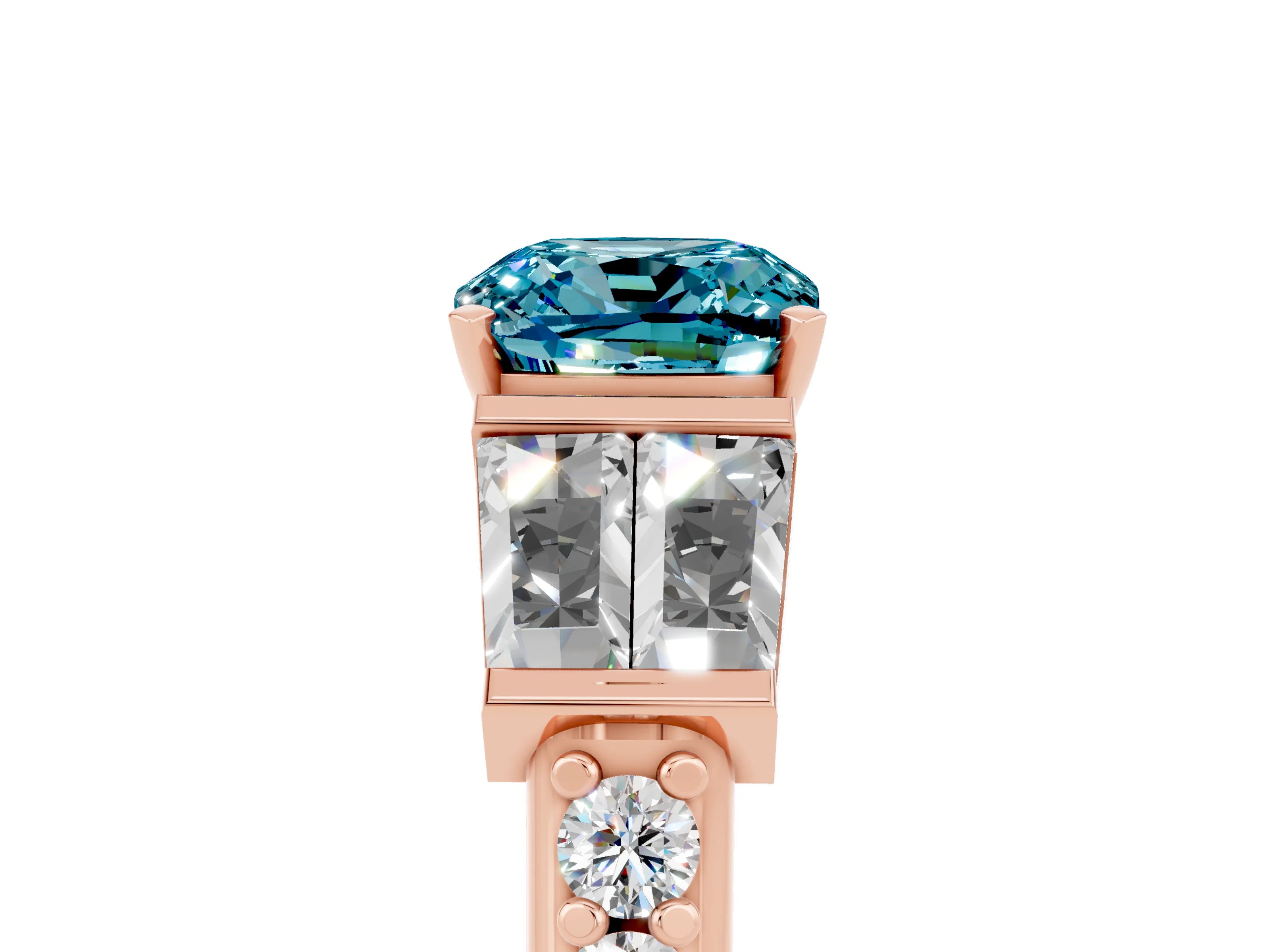 Rose gold Cushion Cut Blue Topaz Engagement Ring with Baguette Side Stones and Channel Set Band_5