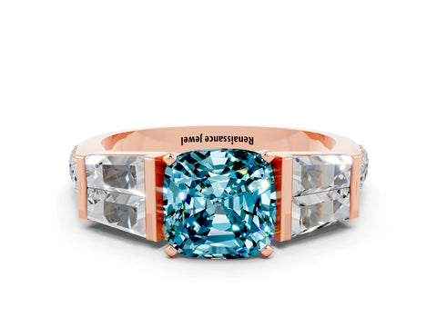 Rose gold Cushion Cut Blue Topaz Engagement Ring with Baguette Side Stones and Channel Set Band
