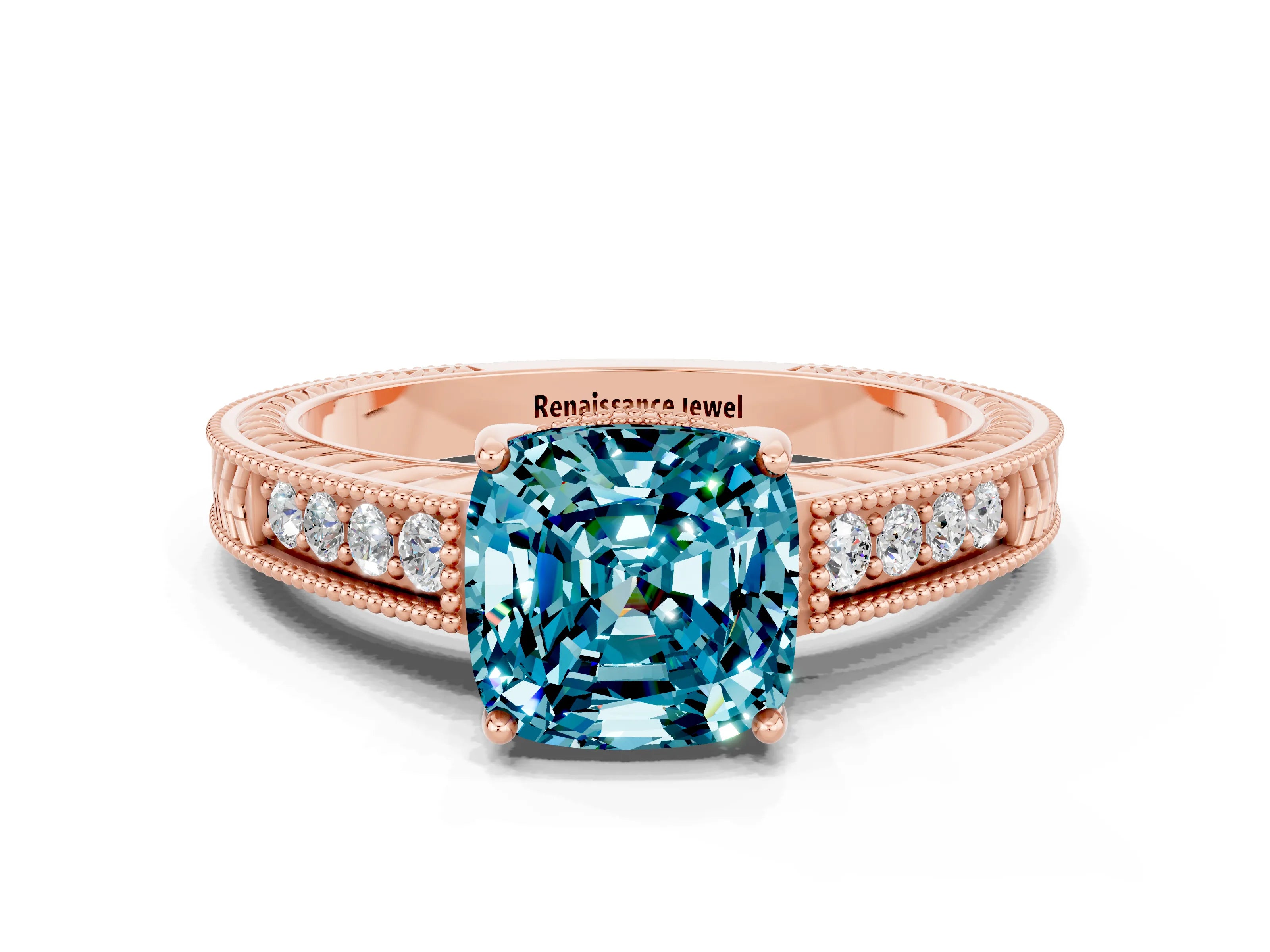 Rose gold Cushion Cut Blue Topaz Engagement Ring with Milgrain Channel Set Band and Prong Setting