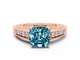 Rose gold Cushion Cut Blue Topaz Engagement Ring with Milgrain Channel Set Band and Prong Setting