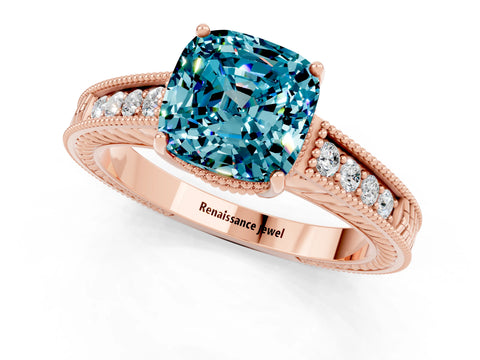 Rose gold Cushion Cut Blue Topaz Engagement Ring with Milgrain Channel Set Band and Prong Setting_1