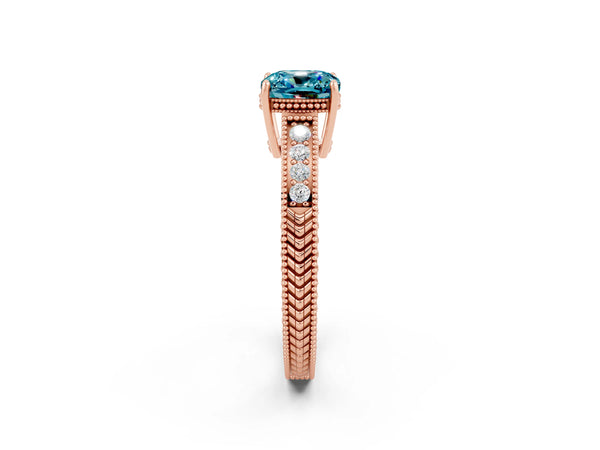 Rose gold Cushion Cut Blue Topaz Engagement Ring with Milgrain Channel Set Band and Prong Setting