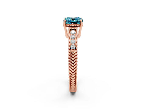 Rose gold Cushion Cut Blue Topaz Engagement Ring with Milgrain Channel Set Band and Prong Setting_2