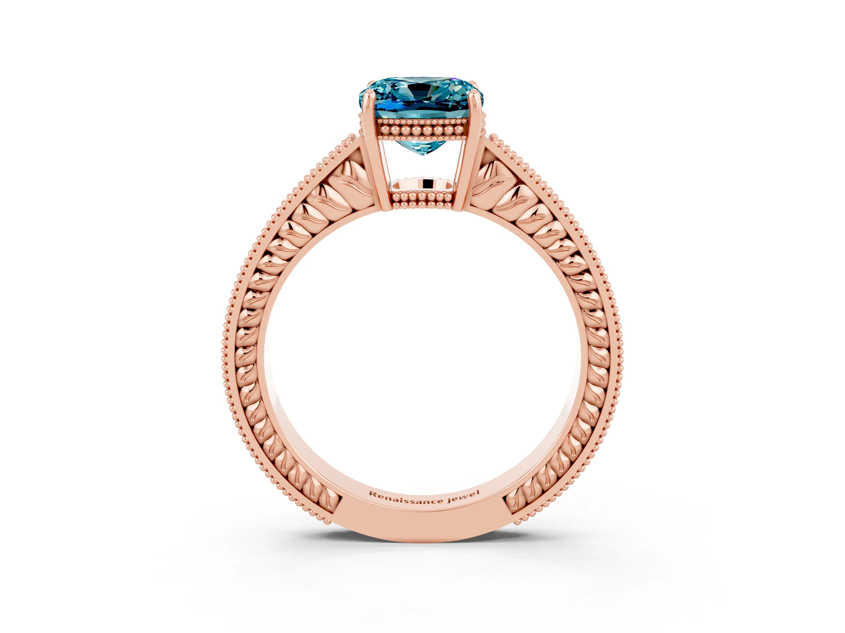 Rose gold Cushion Cut Blue Topaz Engagement Ring with Milgrain Channel Set Band and Prong Setting_3