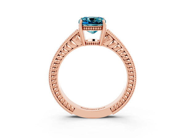 Rose gold Cushion Cut Blue Topaz Engagement Ring with Milgrain Channel Set Band and Prong Setting