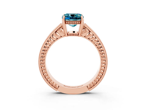 Rose gold Cushion Cut Blue Topaz Engagement Ring with Milgrain Channel Set Band and Prong Setting_3