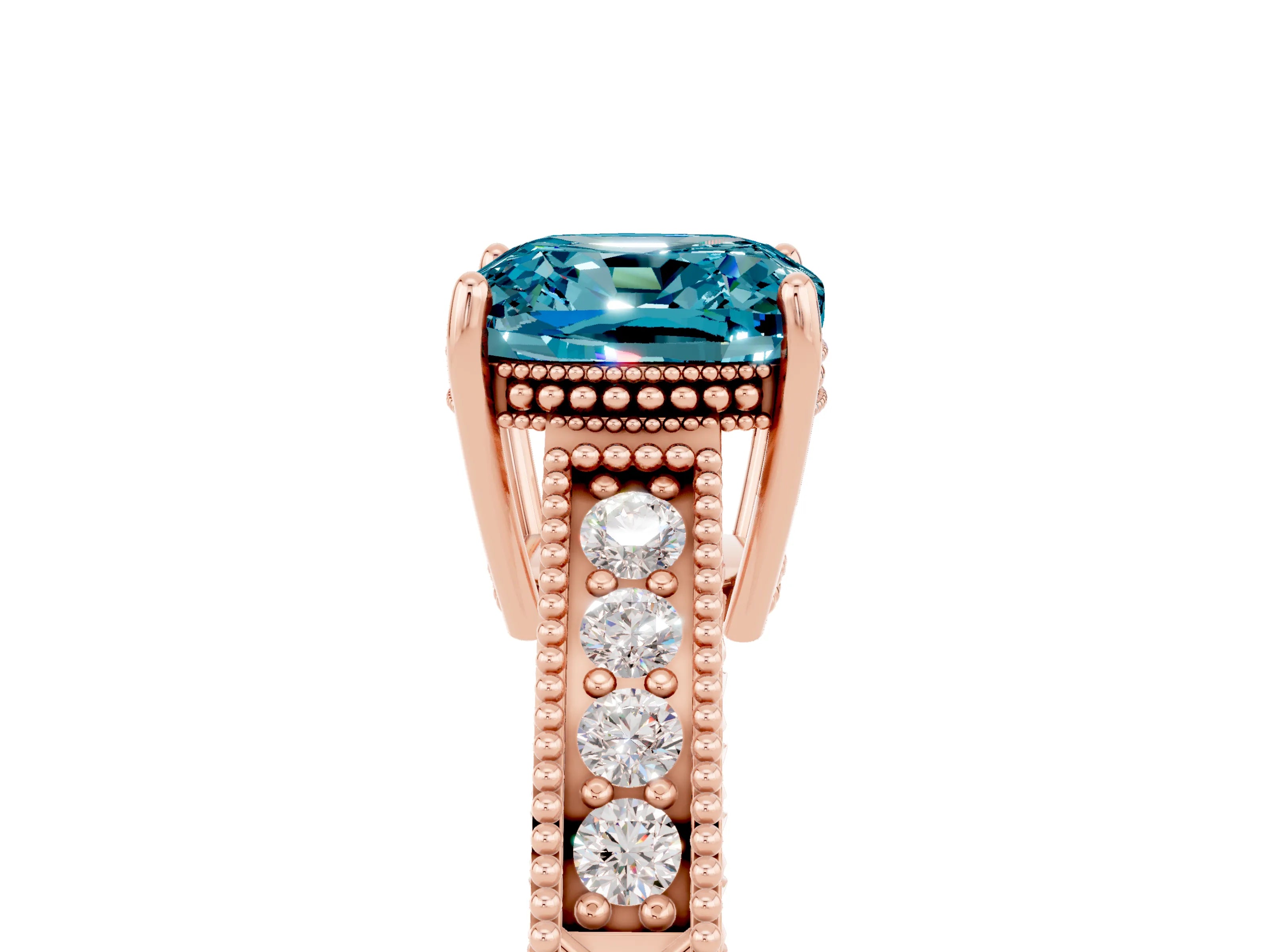 Rose gold Cushion Cut Blue Topaz Engagement Ring with Milgrain Channel Set Band and Prong Setting_5