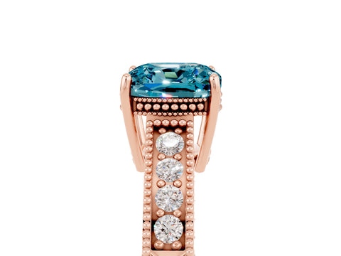 Rose gold Cushion Cut Blue Topaz Engagement Ring with Milgrain Channel Set Band and Prong Setting_5