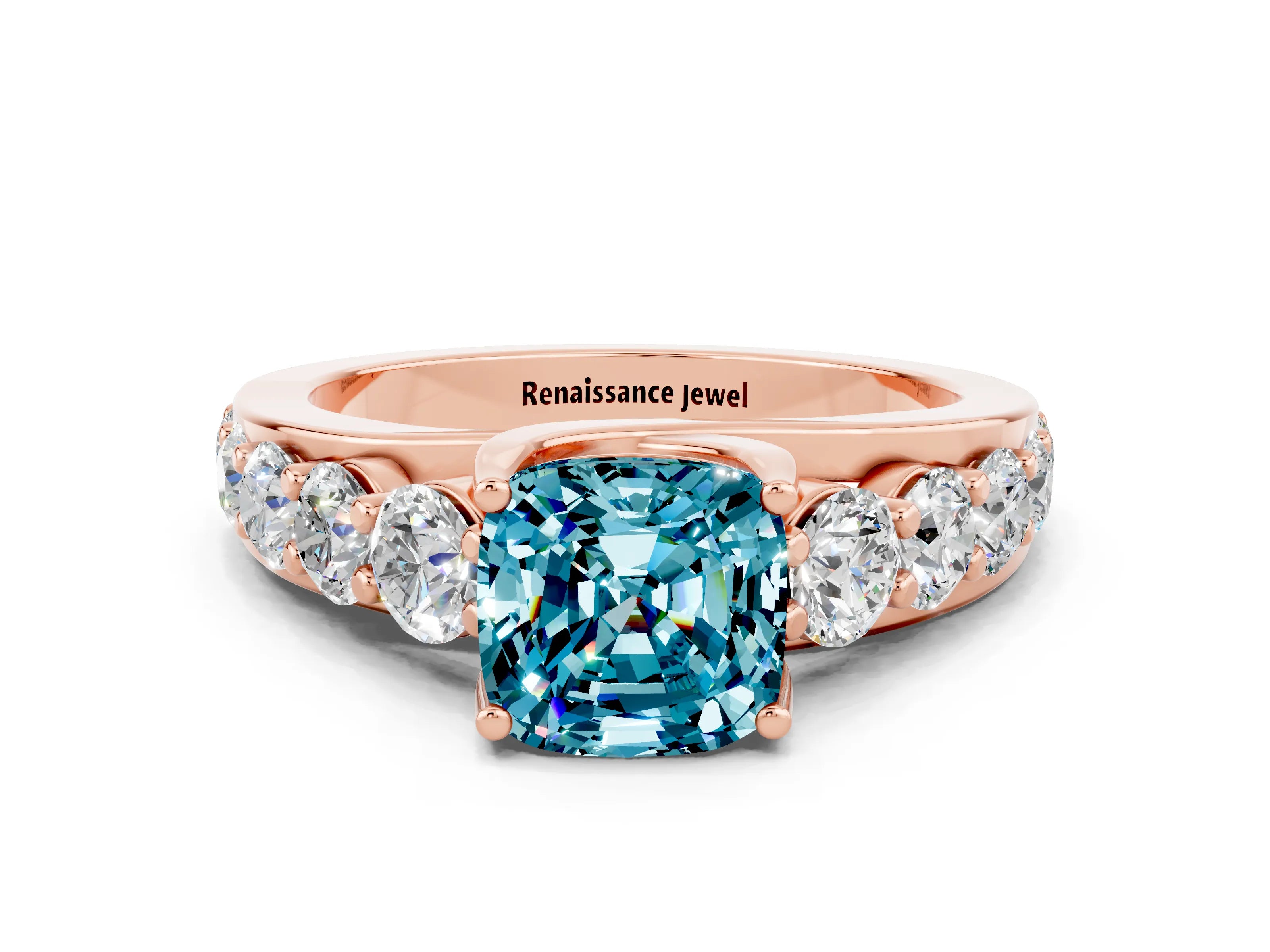 Rose gold Cushion Cut Blue Topaz Engagement Ring with Pavé Band and Four-Prong Setting