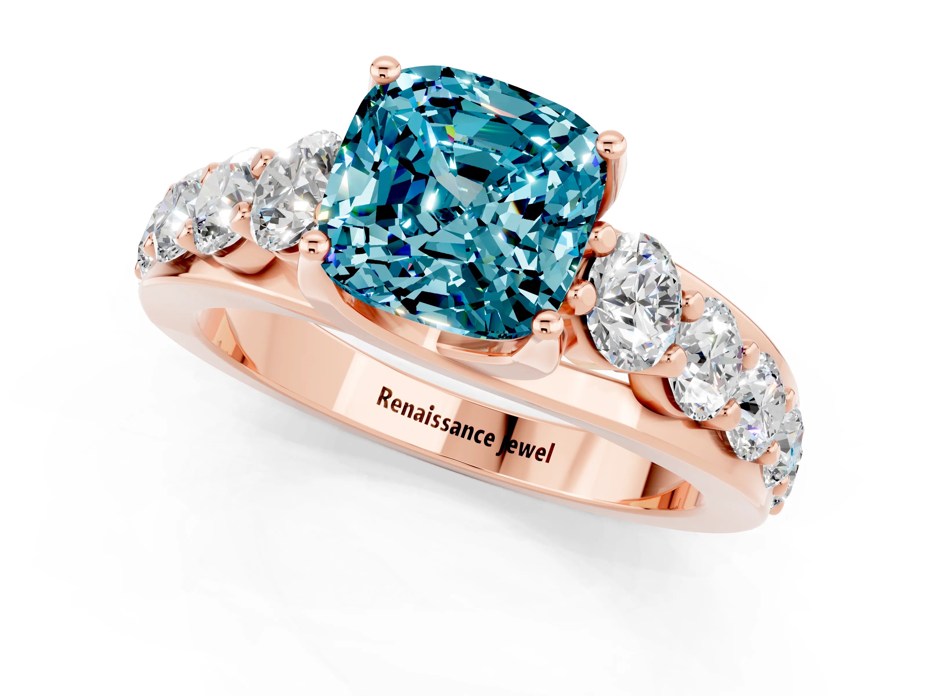 Rose gold Cushion Cut Blue Topaz Engagement Ring with Pavé Band and Four-Prong Setting_1