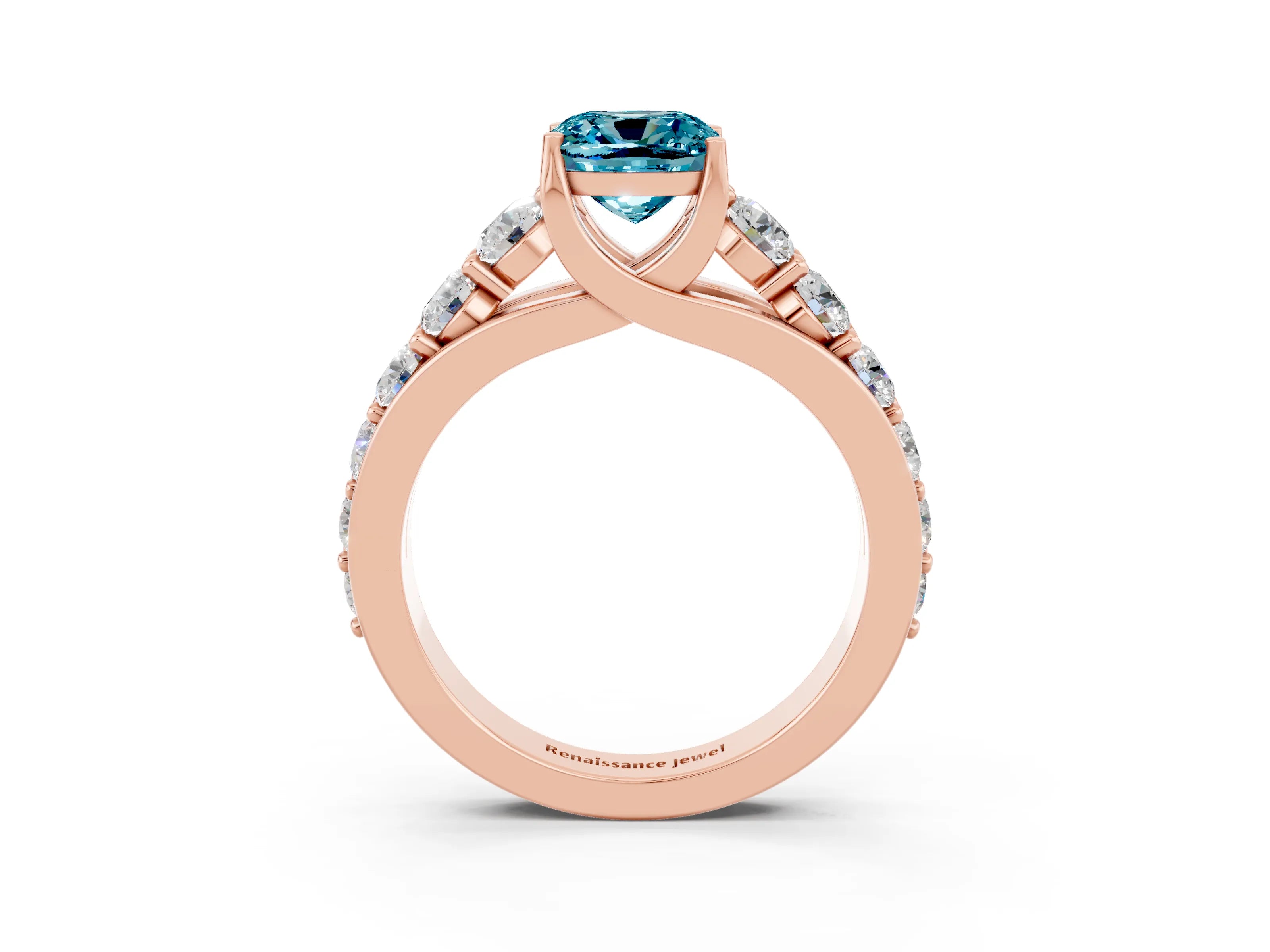 Rose gold Cushion Cut Blue Topaz Engagement Ring with Pavé Band and Four-Prong Setting_3