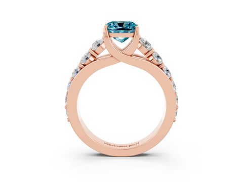 Rose gold Cushion Cut Blue Topaz Engagement Ring with Pavé Band and Four-Prong Setting_3