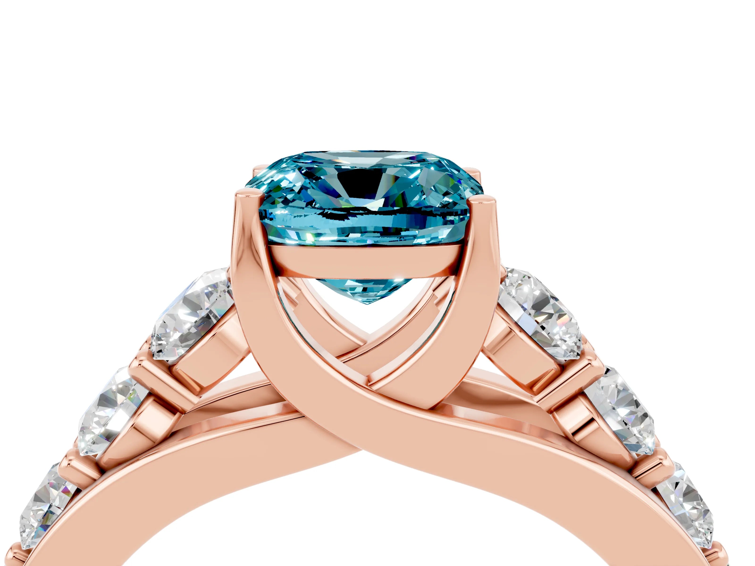 Rose gold Cushion Cut Blue Topaz Engagement Ring with Pavé Band and Four-Prong Setting_4