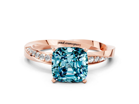 Rose gold Cushion Cut Blue Topaz Engagement Ring with Side Stone Accents and Four-Prong Setting_27