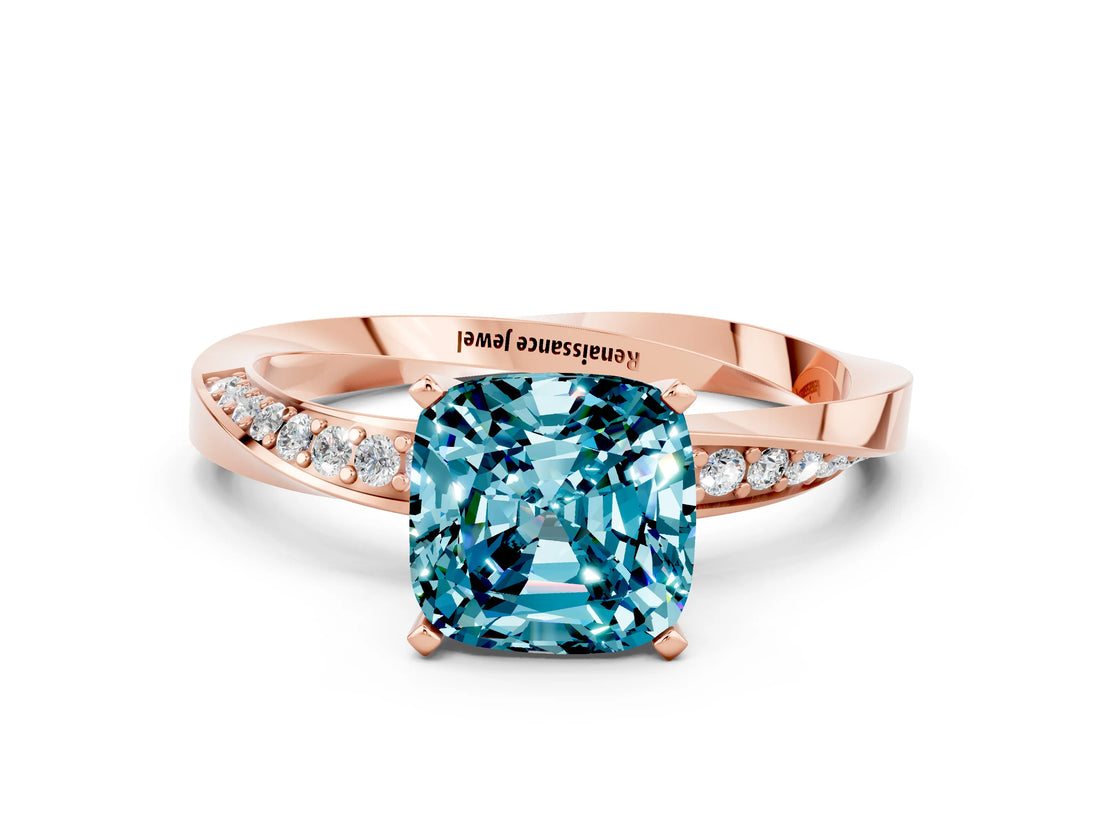 Rose gold Cushion Cut Blue Topaz Engagement Ring with Side Stone Accents and Four-Prong Setting_84