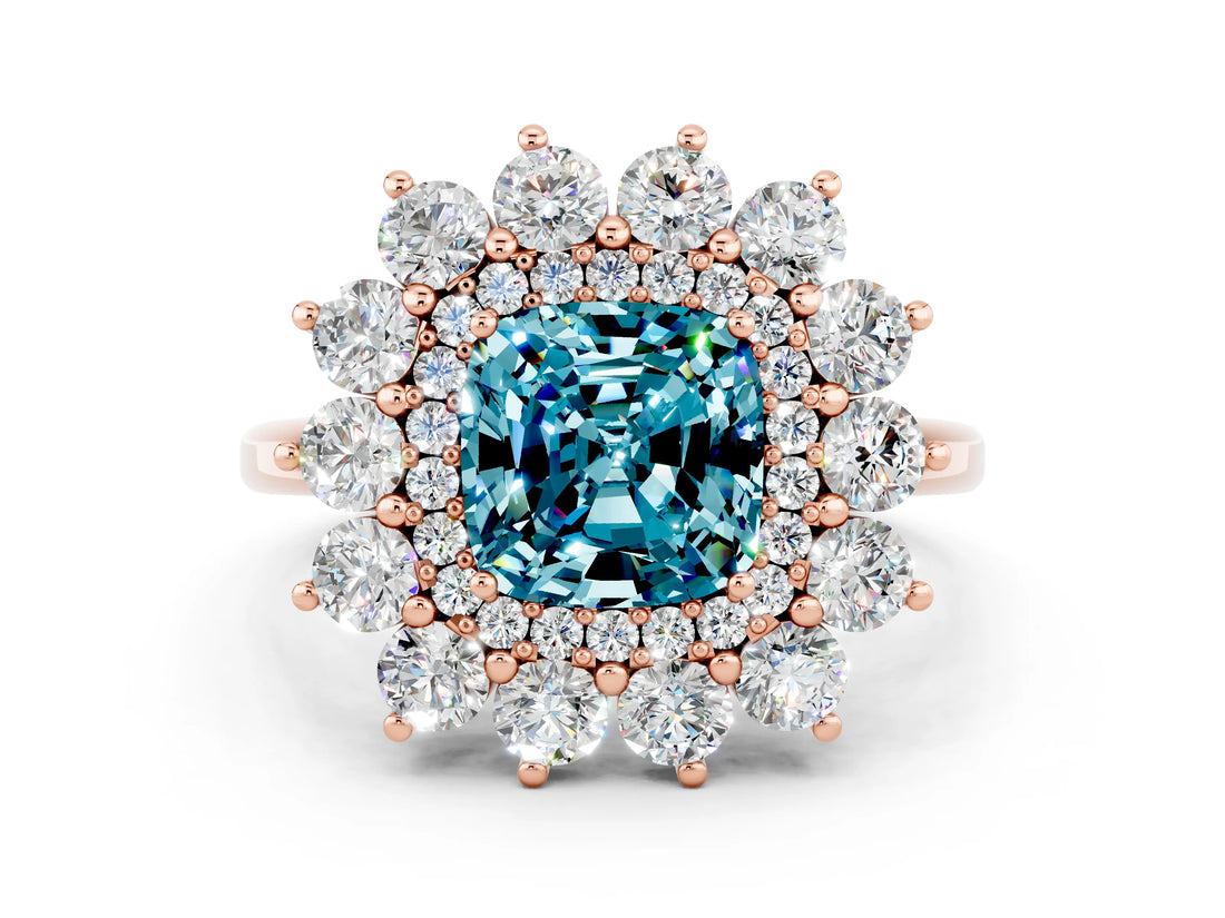 Rose gold Cushion Cut Blue Topaz Floral Double Halo Engagement Ring with Prong Setting_60