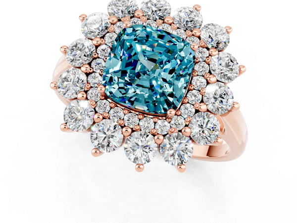 Rose gold Cushion Cut Blue Topaz Floral Double Halo Engagement Ring with Prong Setting