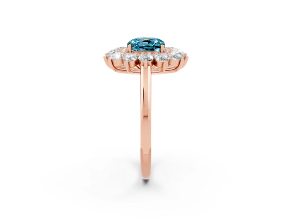 Rose gold Cushion Cut Blue Topaz Floral Double Halo Engagement Ring with Prong Setting