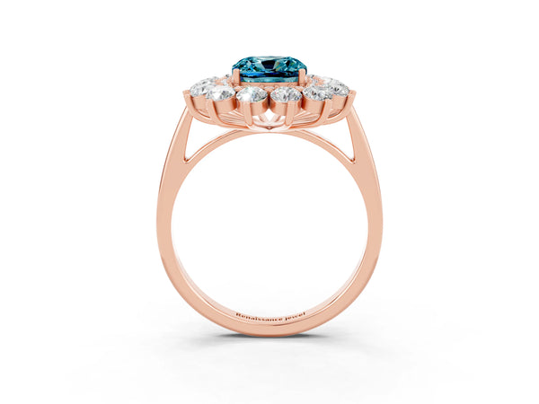 Rose gold Cushion Cut Blue Topaz Floral Double Halo Engagement Ring with Prong Setting