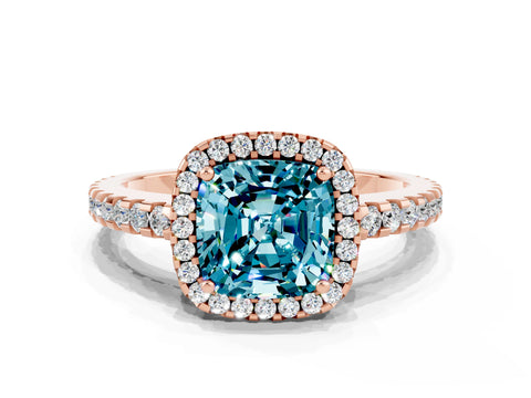 Rose gold Cushion Cut Blue Topaz Halo Engagement Ring with Pavé Band and Prong Setting_12