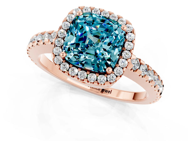 Rose gold Cushion Cut Blue Topaz Halo Engagement Ring with Pavé Band and Prong Setting