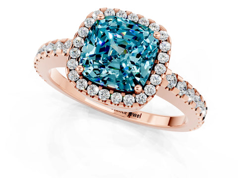 Rose gold Cushion Cut Blue Topaz Halo Engagement Ring with Pavé Band and Prong Setting_13
