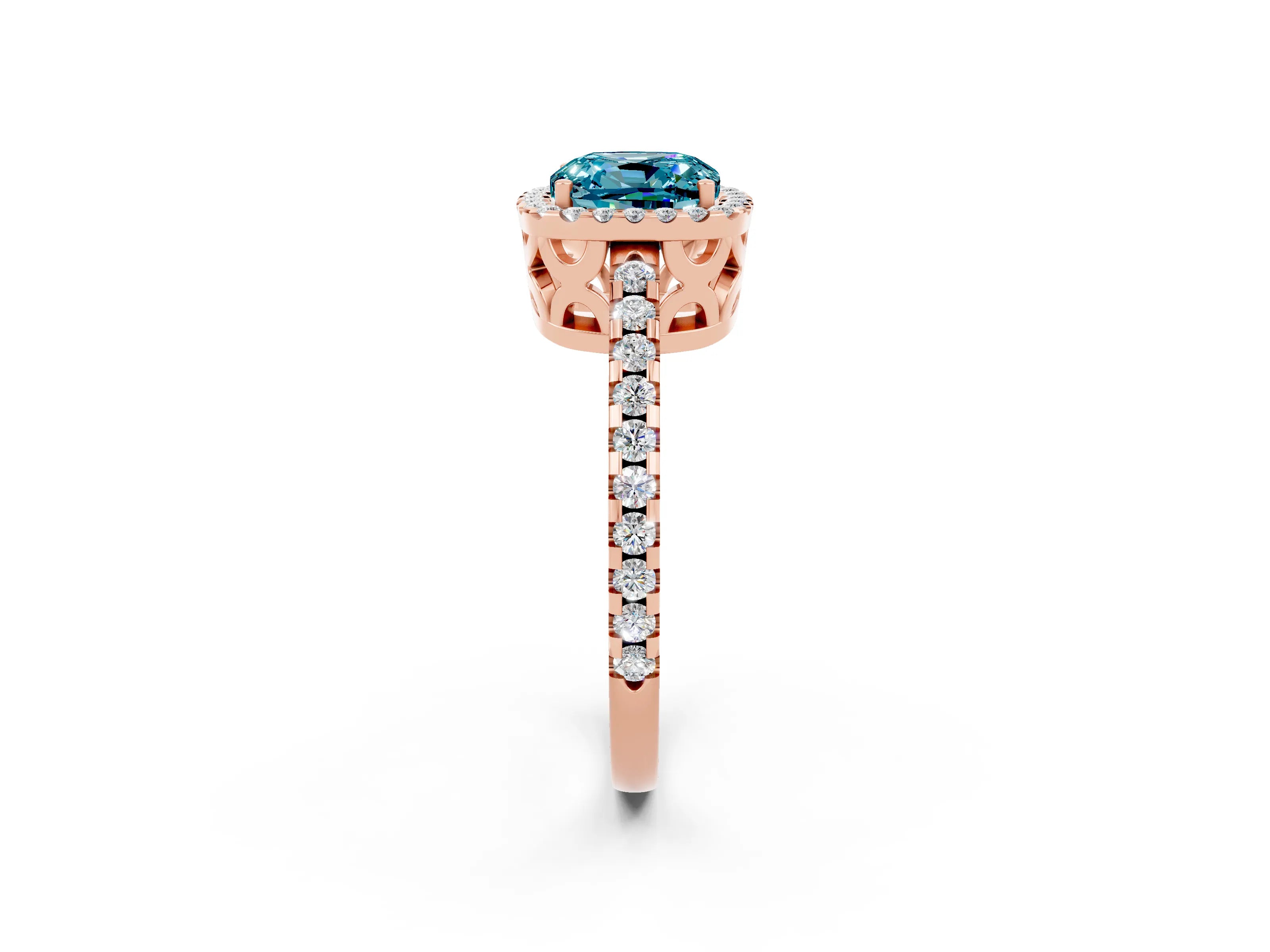 Rose gold Cushion Cut Blue Topaz Halo Engagement Ring with Pavé Band and Prong Setting_14