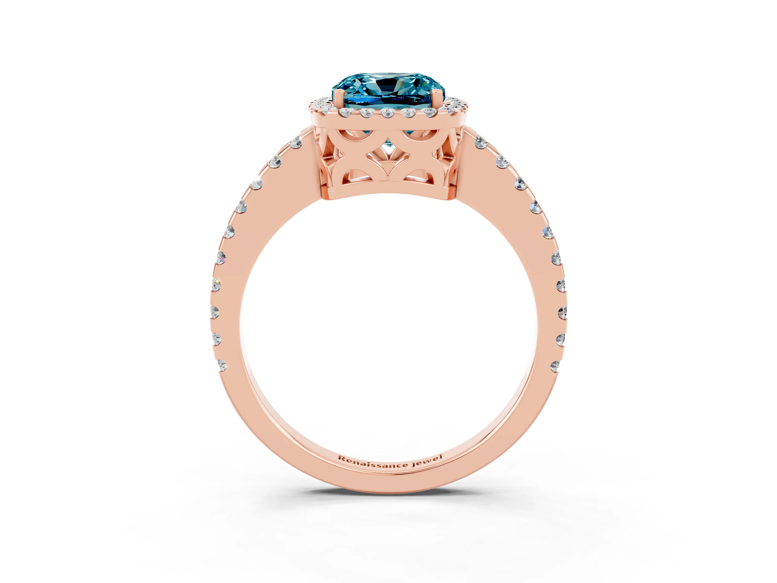 Rose gold Cushion Cut Blue Topaz Halo Engagement Ring with Pavé Band and Prong Setting_15