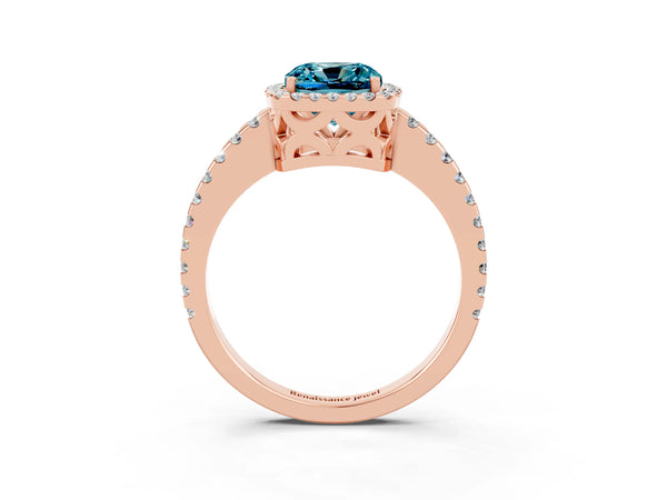 Rose gold Cushion Cut Blue Topaz Halo Engagement Ring with Pavé Band and Prong Setting