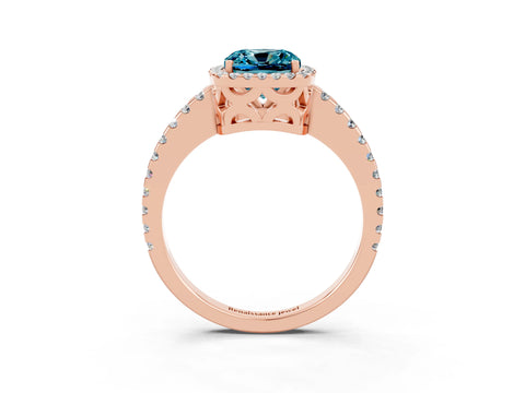 Rose gold Cushion Cut Blue Topaz Halo Engagement Ring with Pavé Band and Prong Setting_15