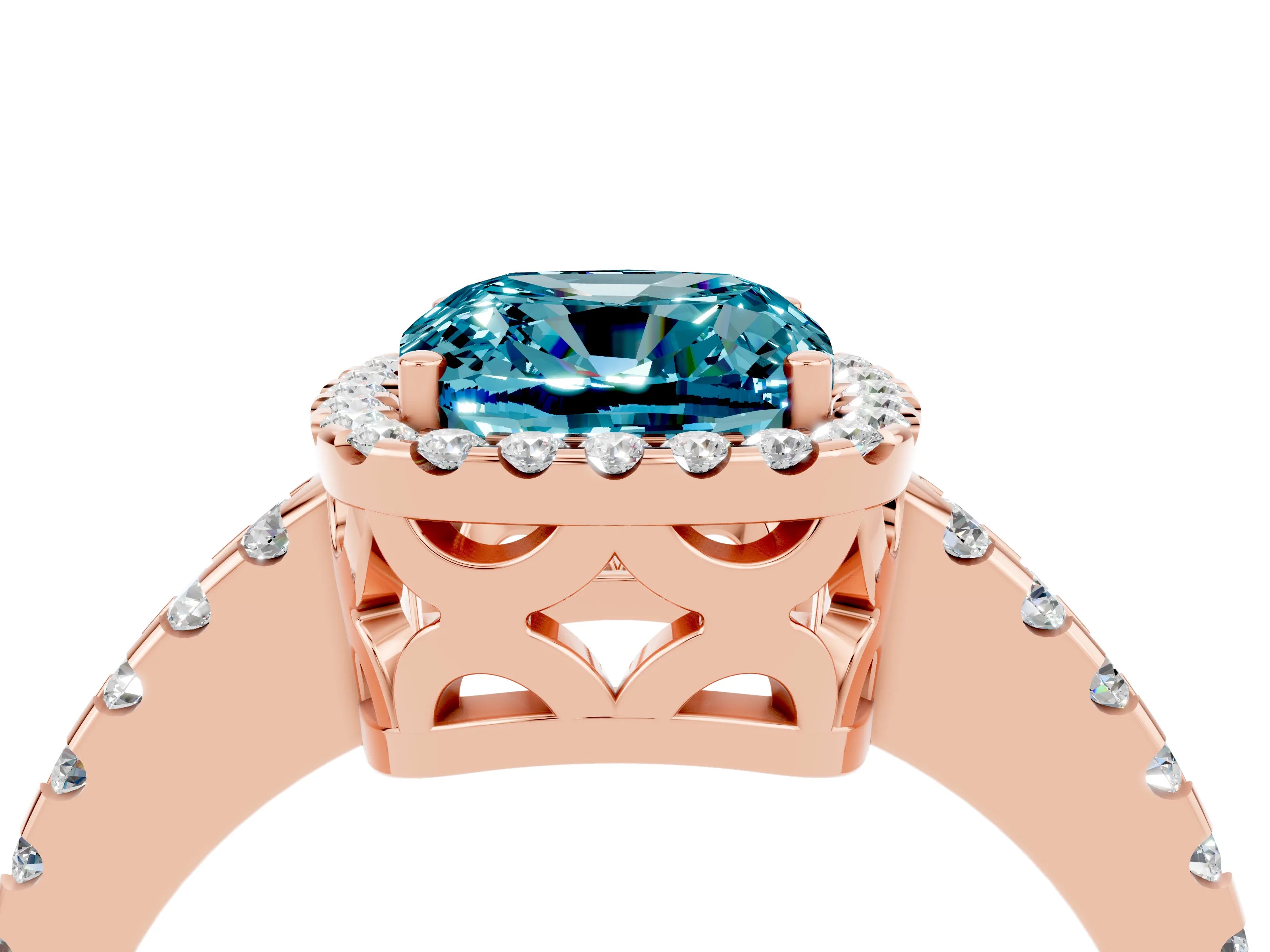 Rose gold Cushion Cut Blue Topaz Halo Engagement Ring with Pavé Band and Prong Setting_16