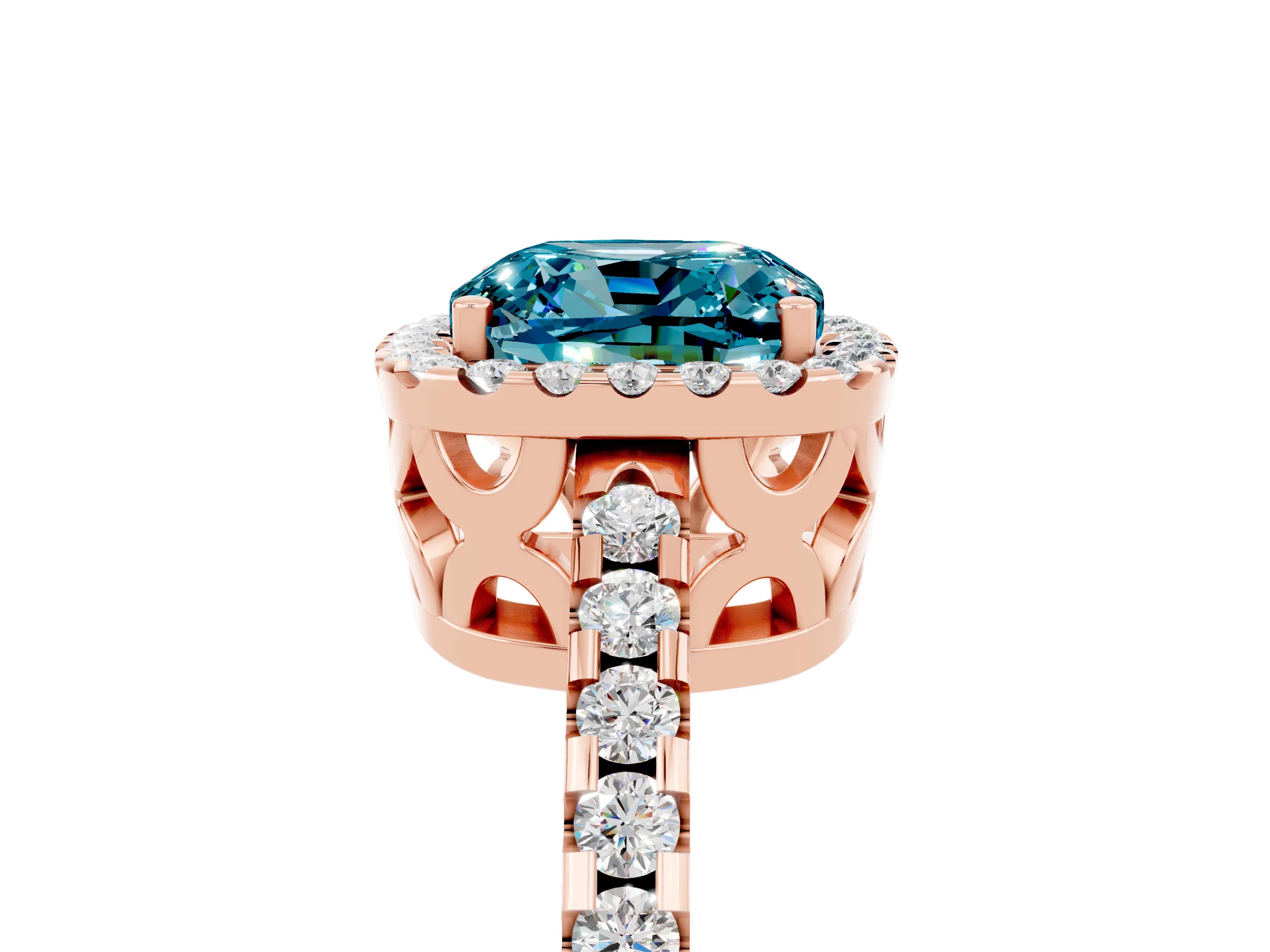 Rose gold Cushion Cut Blue Topaz Halo Engagement Ring with Pavé Band and Prong Setting_17