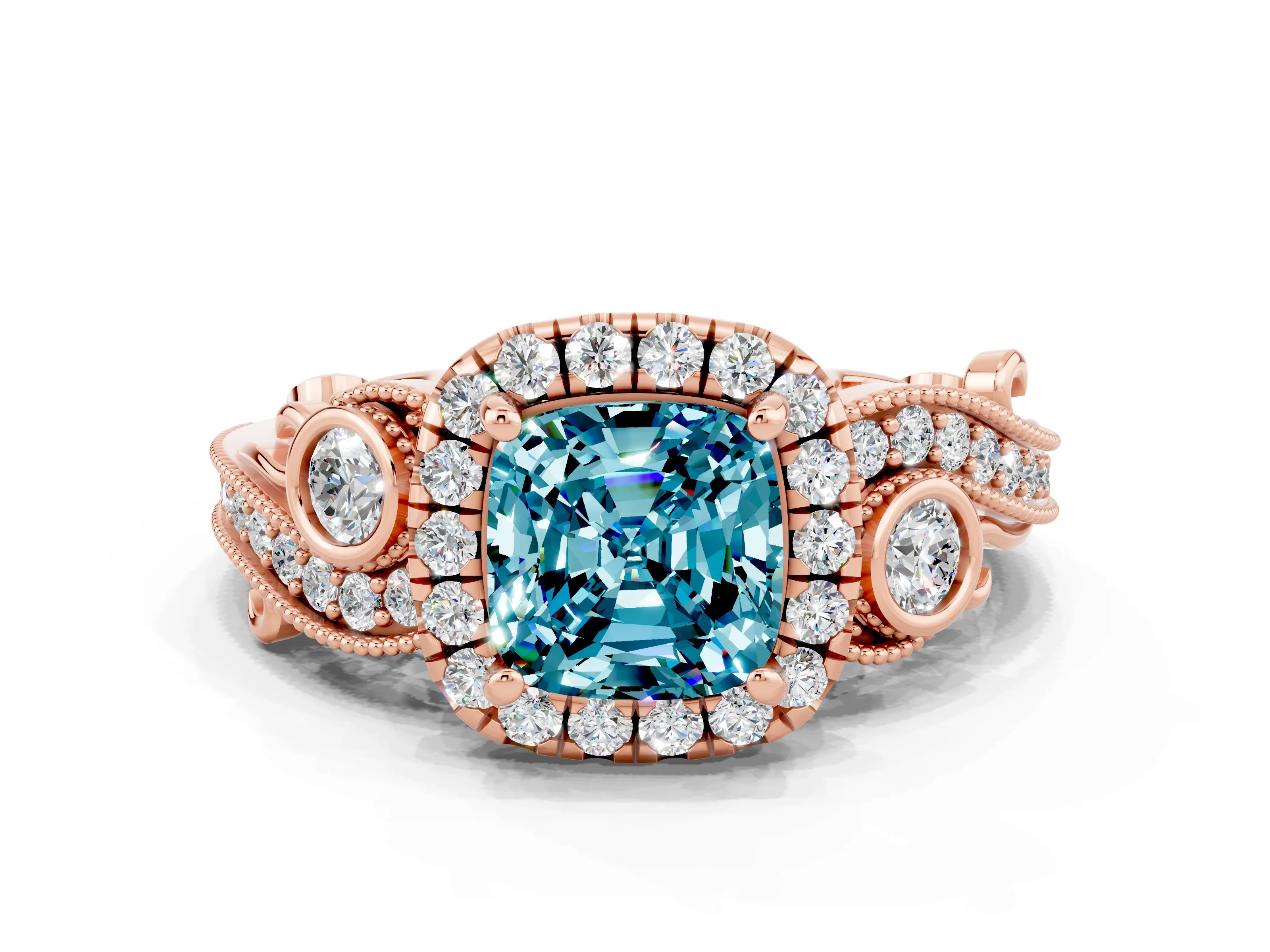 Rose gold Cushion Cut Blue Topaz Halo Ring with Milgrain Pavé Band and Four-Prong Setting_12