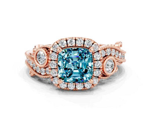 Rose gold Cushion Cut Blue Topaz Halo Ring with Milgrain Pavé Band and Four-Prong Setting